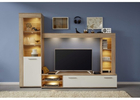 Elutoamööbli komplekt LOGO valge / tamm, 240x41xH185 cm, LED