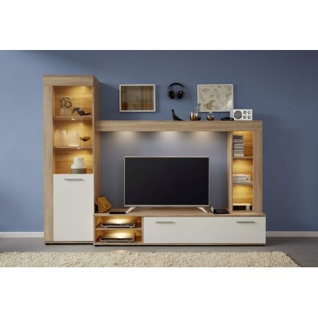 Elutoamööbli komplekt LOGO valge / tamm, 240x41xH185 cm, LED