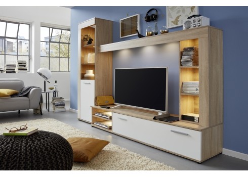 Elutoamööbli komplekt LOGO valge / tamm, 240x41xH185 cm, LED