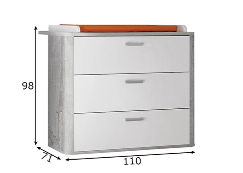 Kummut mähkimisalusega FRIEDA mattvalge / hall puit, 110x71xH98 cm