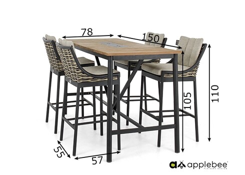 Baarikomplekt Apple Bee MILOU must / tiik / helehall, laud + 4 tooli