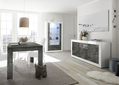 Kummut URBINO valge läige / tumehall, 184x42xH86 cm, LED