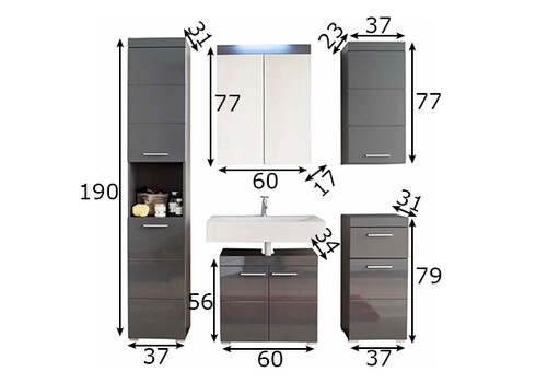 Vannitoamööbli komplekt AMANDA hall kõrgläige / hall LED