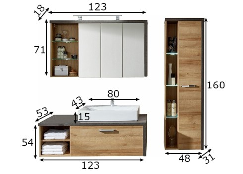 Vannitoamööbli komplekt Bay + valamu tamm / hall
