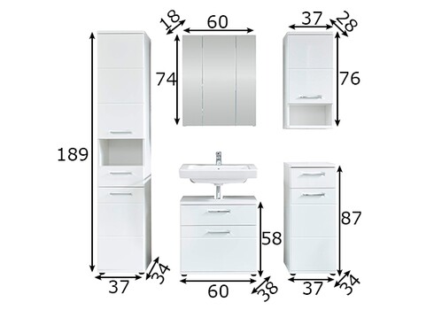 Vannitoamööbli komplekt MONTE valge läige, 164x38xH189 cm
