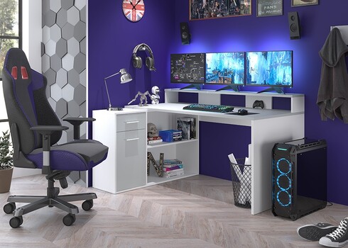 Kirjutuslaud GAMER valge / helehall, 160x115xH92 cm