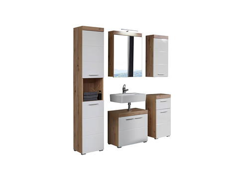 Vannitoamööbli komplekt AMANDA valge kõrgläige / tamm LED