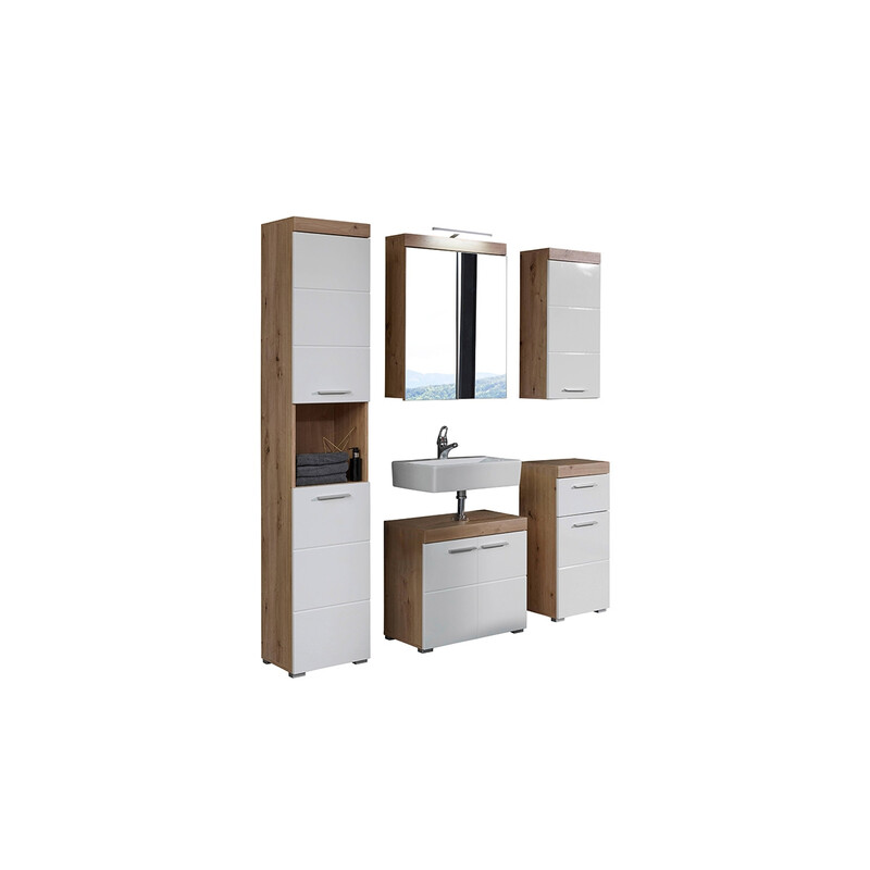 Vannitoamööbli komplekt AMANDA valge kõrgläige / tamm LED