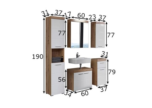 Vannitoamööbli komplekt AMANDA valge kõrgläige / tamm LED