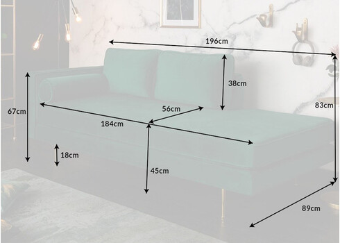 Lamamisdiivan DIVA smaragdroheline, 196x89xH83 cm
