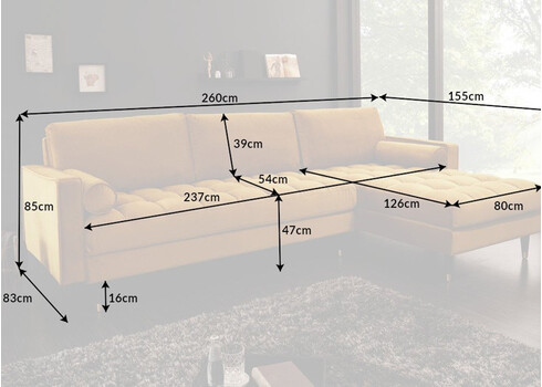 Nurgadiivan VELVET II sinepikollane, 260x83xH85 cm