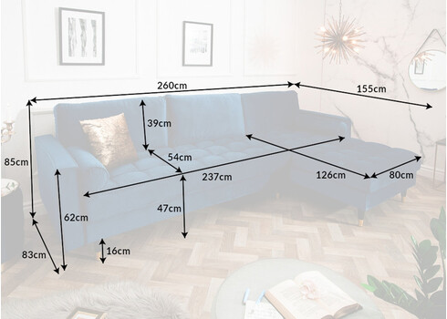 Nurgadiivan VELVET II tumesinine, 260x83xH85 cm