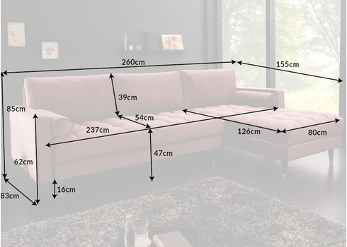 Nurgadiivan VELVET II vanaroosa, 260x83xH85 cm