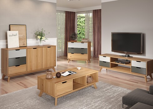 Tv-alus SCANDIK meepruun / valge / hall, 140x40xH42 cm