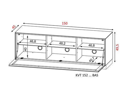 Tv-alus ratastel VENTI mattmust, 150x45xH50 cm