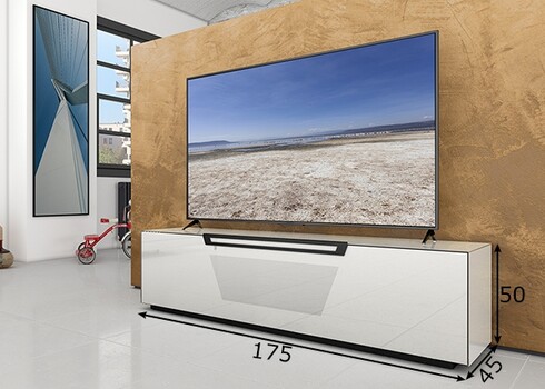 Tv-alus ratastel VENTI valge läige, 175x45xH50 cm