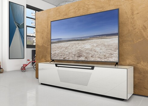 Tv-alus ratastel VENTI valge läige, 175x45xH50 cm