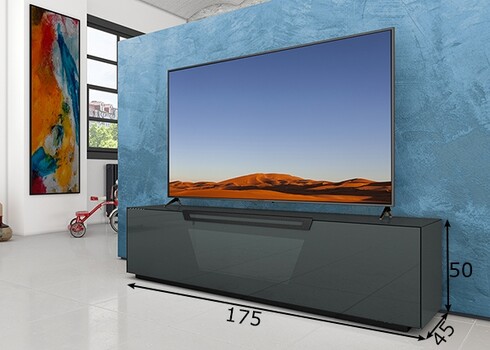 Tv-alus ratastel VENTI tumehall läige, 175x45xH50 cm