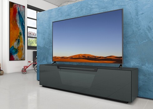 Tv-alus ratastel VENTI tumehall läige, 175x45xH50 cm