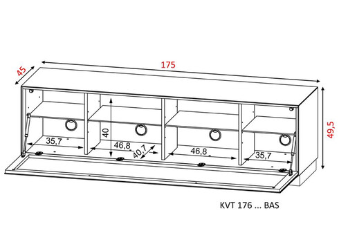 Tv-alus ratastel VENTI mattmust, 175x45xH50 cm