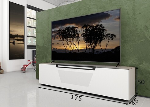 Tv-alus ratastel VENTI mattvalge, 175x45xH50 cm