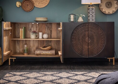 Kummut MANDALA must / kuldne, 177x45xH76 cm