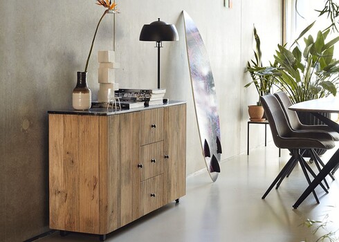 Kummut PEBBLES naturaalne puit / must, 143x45xH80 cm