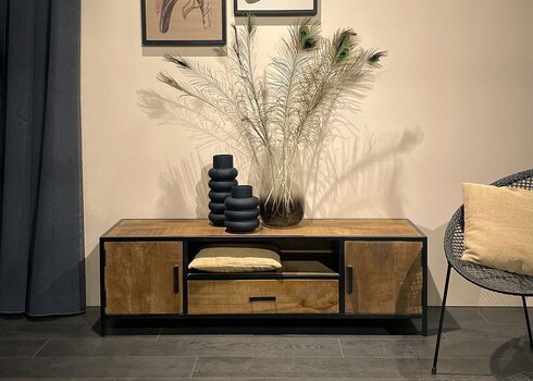 Tv-alus STURDY naturaalne puit / must, 160x40xH45 cm