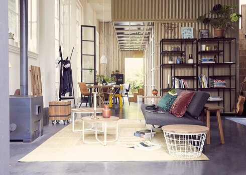 Riiul FLOW naturaalne puit / must, 85x35xH188 cm