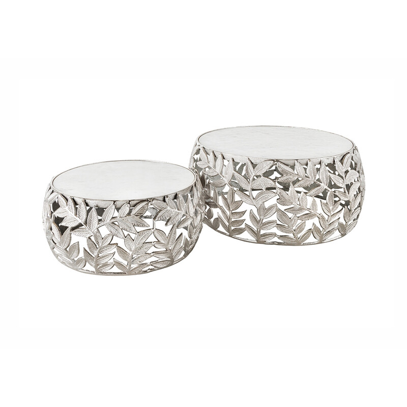 Diivanilaudade komplekt LEAF valge marmor / hõbe, 2 tk Diivanilaudade komplekt LEAF valge marmor / hõbe, 2 tk