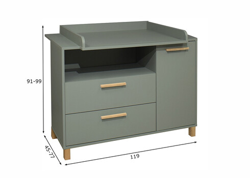 Kummut mähkimisalusega OLE roheline / tamm, 119x45-77xH91-99 cm