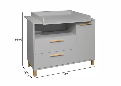 Kummut mähkimisalusega OLIVIA kriidihall / tamm, 119x45-77xH91-99 cm