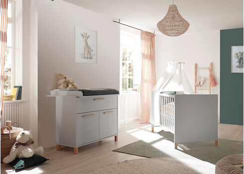 Kummut mähkimisalusega OLIVIA kriidihall / tamm, 101x45-77xH91-99 cm