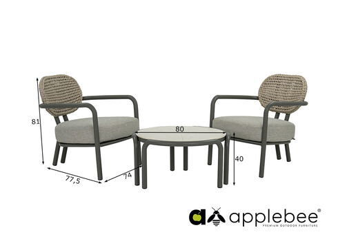 Aiamööbli komplekt Apple Bee LUGANO hall, 2 tugitooli + laud