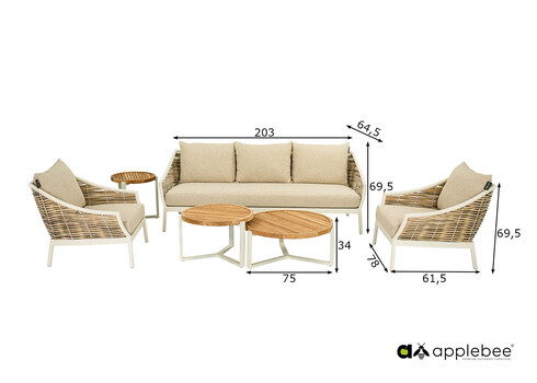 Aiamööbli komplekt Apple Bee MILOU helebeež, diivan + 2 tugitooli + laud