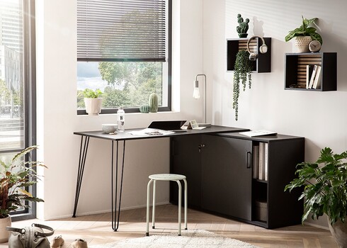 Kirjutuslaud kapiga EKKO mattmust, 145x130xH74 cm