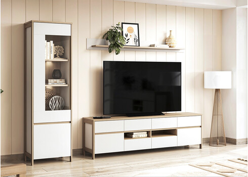 Vitriinkapp STRANDA valge / tamm, 58x39xH195 cm