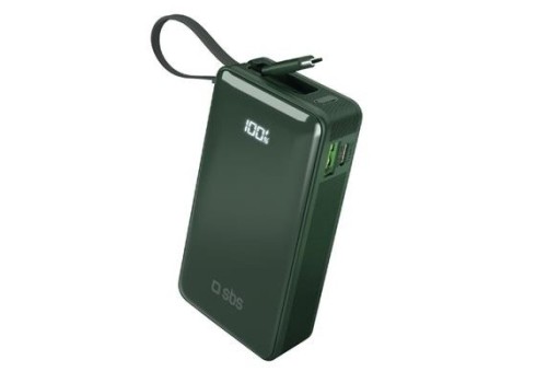 Powerbank SBS 10000mAh, 20W, LCD, integrated cable, Green