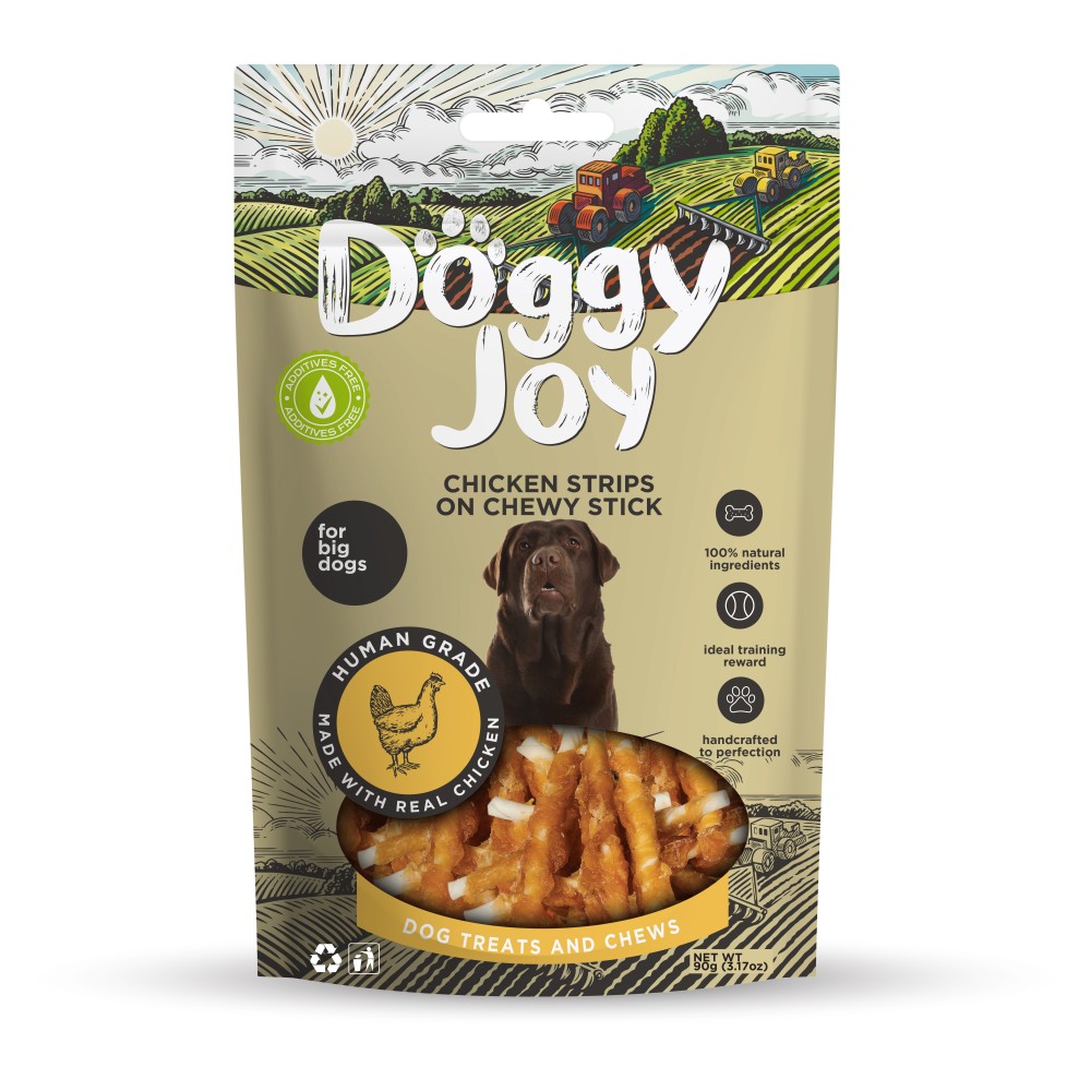 Doggy Joy chicken strips on chewy stick närimismaiused koertele 90g Doggy Joy chicken strips on chewy stick närimismaiused koertele 90g