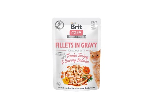 Brit Care Fillets in Gravy Tender Turkey & Savory Salmon märgtoit kassidele 85g