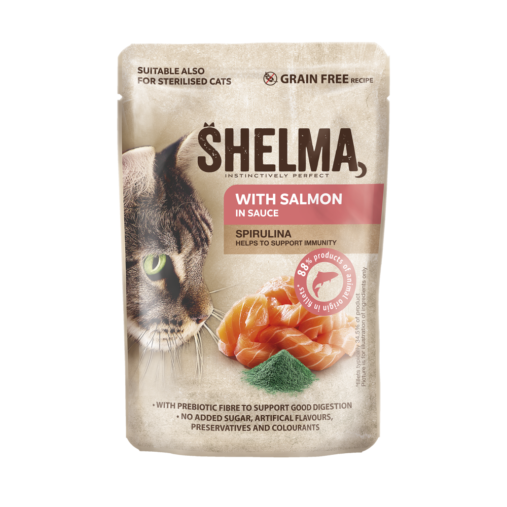Shelma kassieine lõhefileed spirulinaga kastmes 28x85g Shelma kassieine lõhefileed spirulinaga kastmes 28x85g