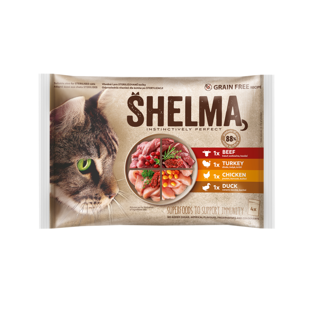 Shelma kassieined lihaga 4x85g veis, kana, part, kalkun kastmes Shelma kassieined lihaga 4x85g veis, kana, part, kalkun kastmes