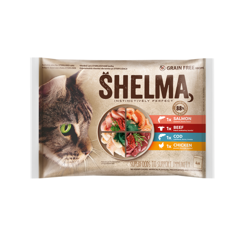 Shelma kassieined liha-kala 4x85g lõhe, tursk, veis, kana kastmes