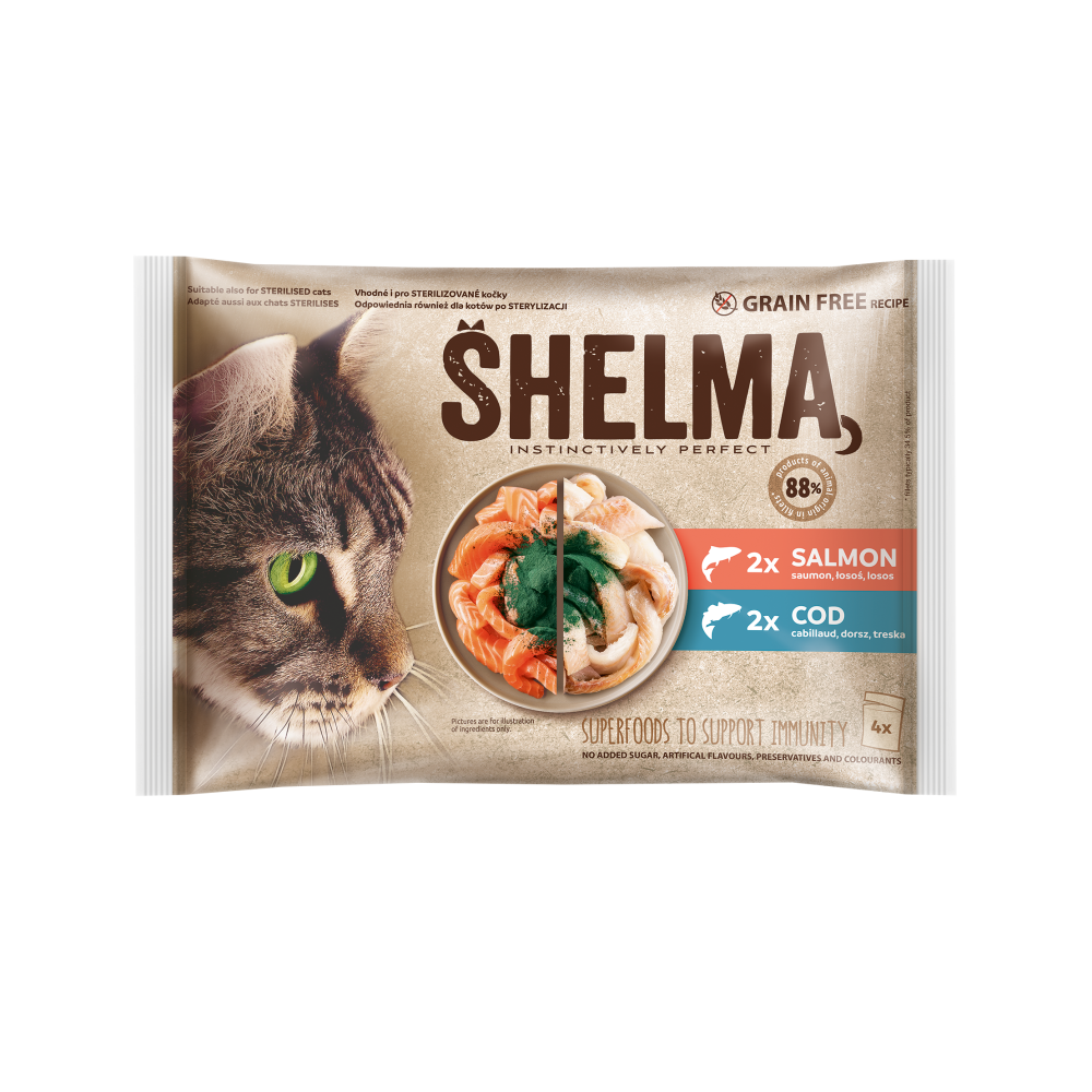 Shelma kassieined kala 4x85g lõhefileed, tursafileed spirulina kastmes