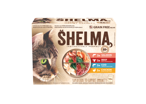Shelma kassieined liha-kala 12x85g lõhe, tursk, veis, kana kastmes