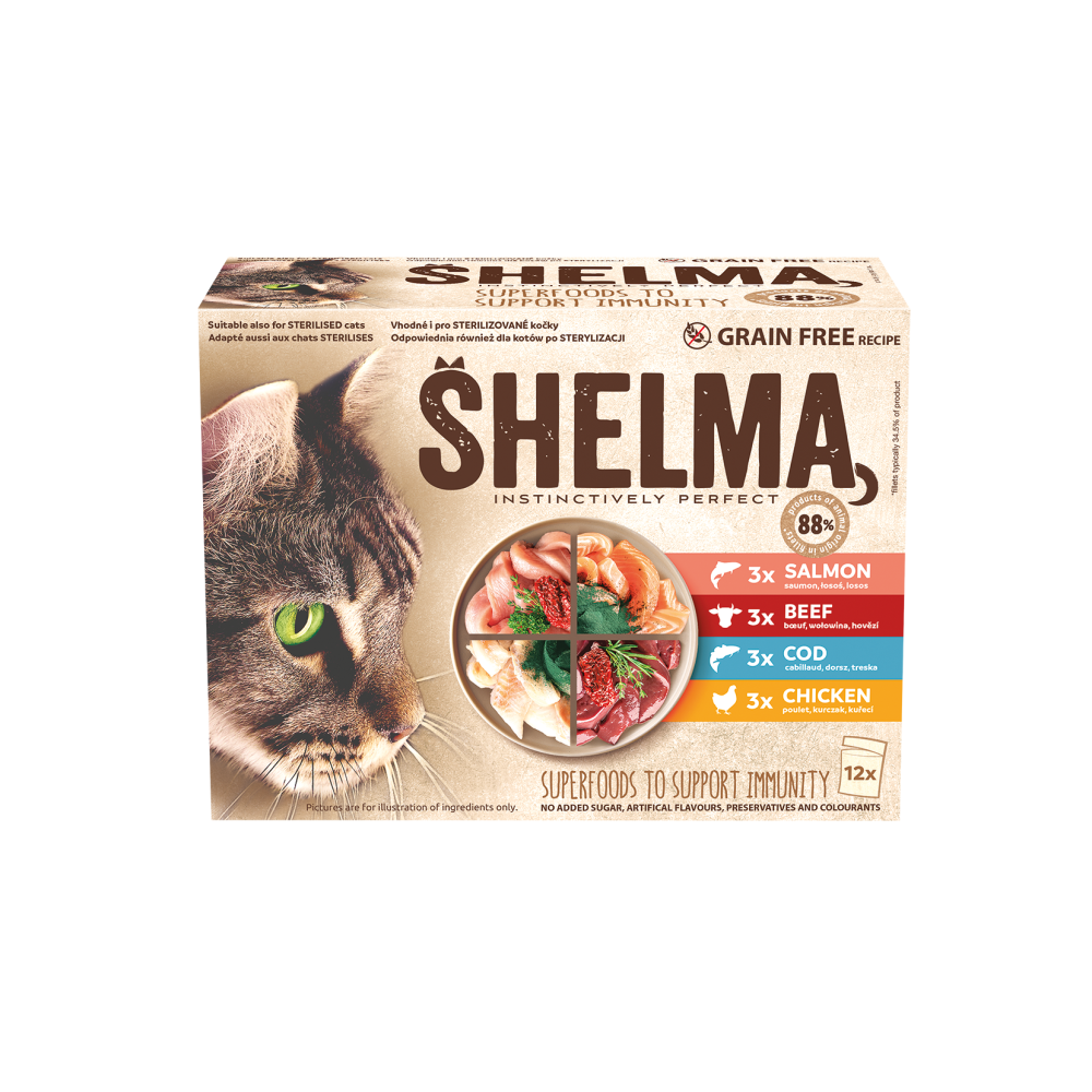 Shelma kassieined liha-kala 12x85g lõhe, tursk, veis, kana kastmes
