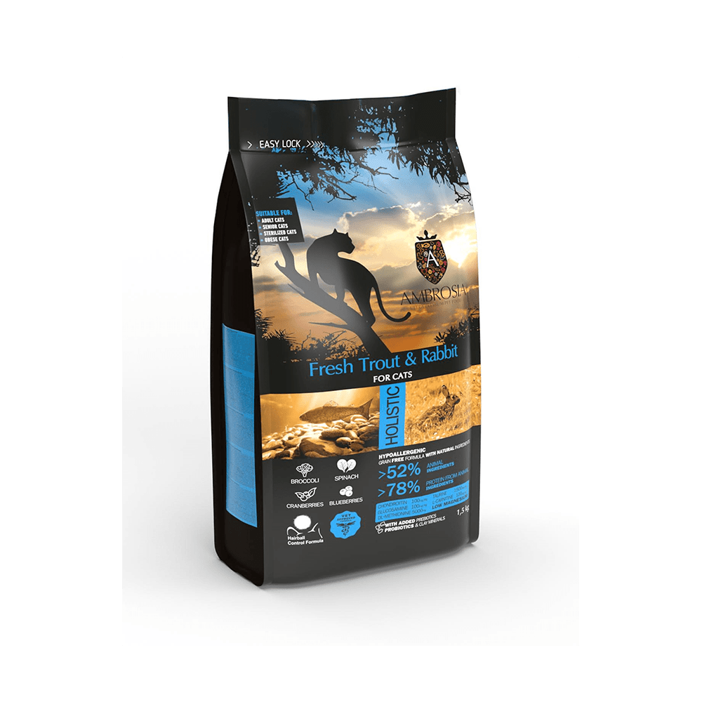 Ambrosia Teraviljavaba Värske Forelli ja Küülikulihaga kassidele 3kg (2x1,5kg)