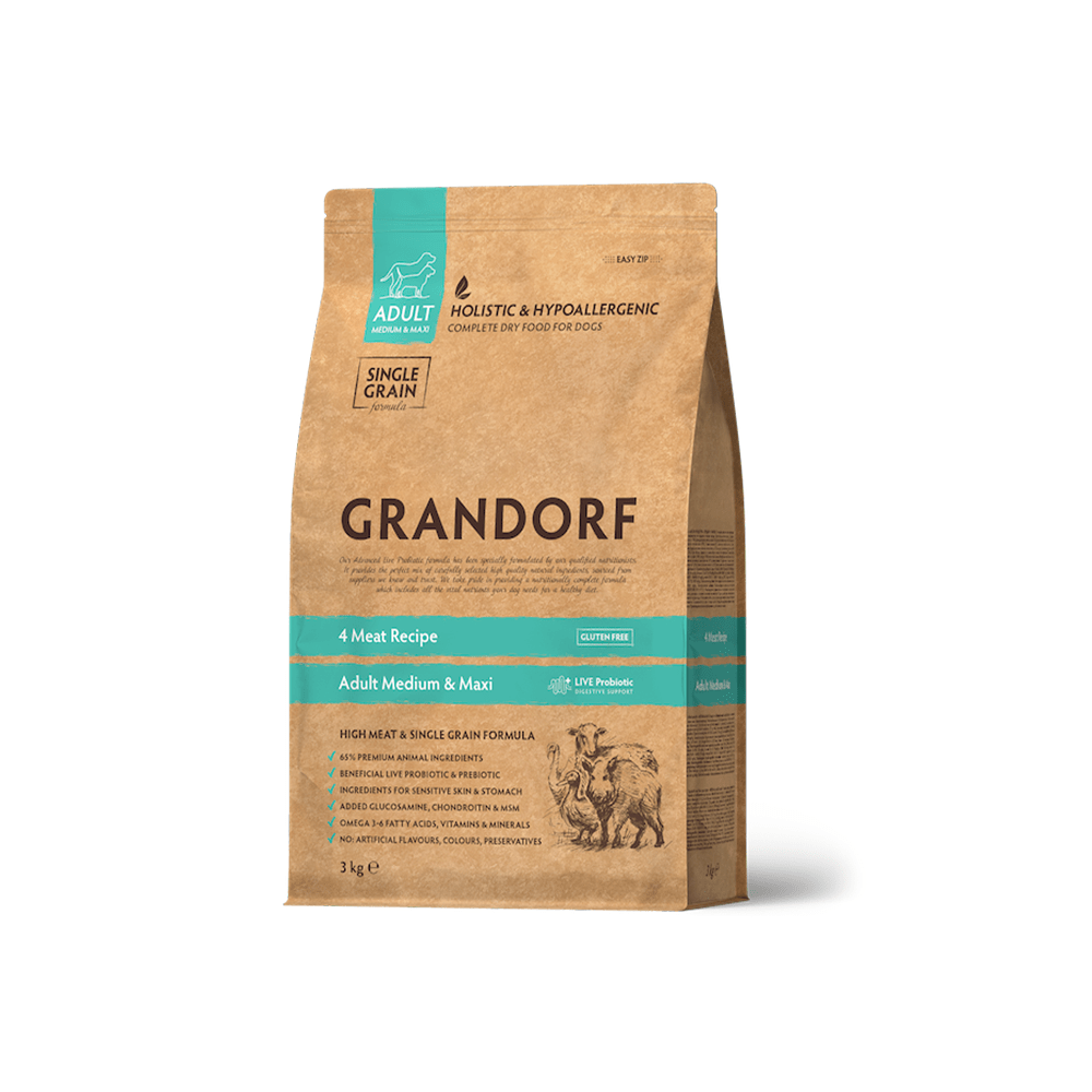 Grandorf 4 lihaga Täiskasvanud Keskmistele ja Suurtele Koertele 6kg (2x3kg)