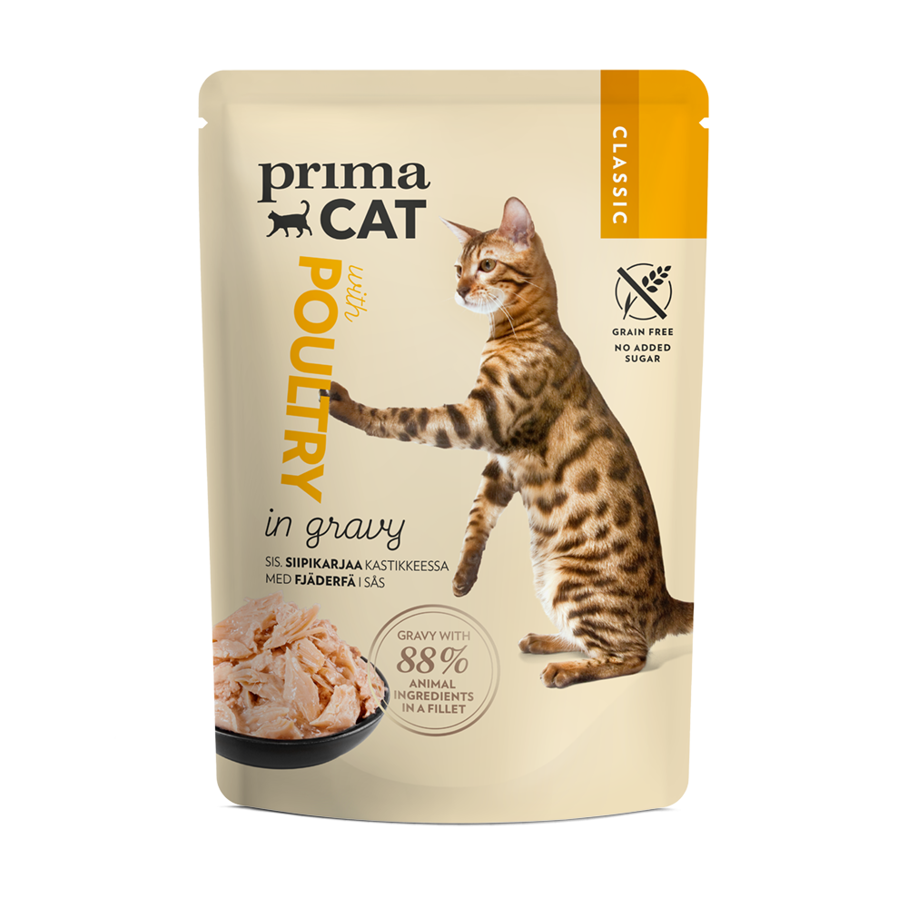 Prima Cat kassi einekotike linnuliha kastmes 28x85g Prima Cat kassi einekotike linnuliha kastmes 28x85g