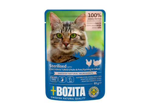 BOZITA Indoor & Sterilised kana ja kalkuni tükid kastmes 12x85g